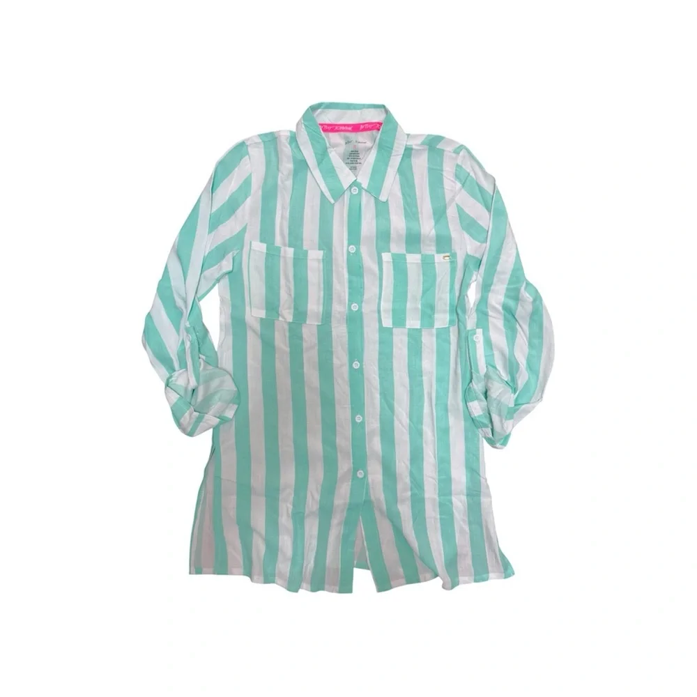 Betsey Johnson Striped Beach Cover-Up Shirt, Seafoam